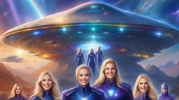 ufos rainbows,beautifuls paysages, fantastic colours,cosmic woman ,beautiful ufos rainbow, admiral from the future, galactic confédération, fine whole face, crystalline skin, expressive purple eyes,rainbow, smiling lips, very nice smile, costume pleiadian, Beautiful tall woman pleiadian Galactic commander, ship, perfect datailed golden galactic suit, high rank, long blond hair, hand whit five perfect detailed finger, amazing big puple eyes, mouth, high définition lips, cosmic happiness, bright