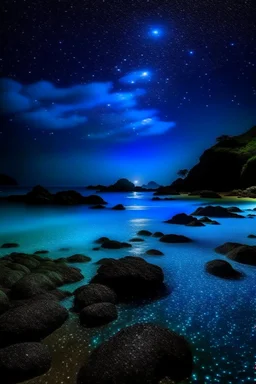 The beach of the island of Leela its waters are full of blue stars illuminated by blue light