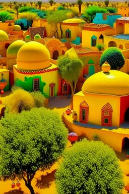 A yellow neighborhood with fruit shaped buildings designed in Moroccan rug art painted by Georges Seurat