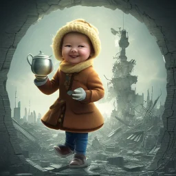 A teapot is shining and a laughing child is looking at it. The child’s image is reflected inside the teapot and behind the child is the reflection of a destroyed city.