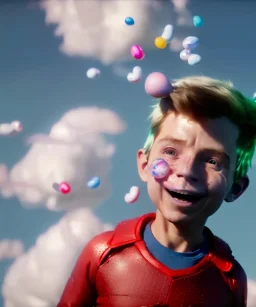 Ultra realistic clouds sky scene, medium shot view, portrait, sweet Peter Pan Childs free jumping flying, trinkets, jelly beans, inflatable helmet, smile, happy, Wes Anderson style, inflatable color clothing, extreme, wind, clouds sea, 20,000 feet altitude, stratosphere, soft color, highly detailed, unreal engine 5, ray tracing, RTX, lumen lighting, ultra detail, volumetric lighting, 3d, finely drawn, high definition, high resolution.