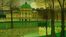 A pale light green palace covered in glitter in the sky painted by Paul Gauguin