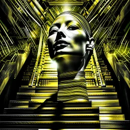 Double exposure of a black and yellow photo of the face of the pharaonic goddess Nefertiti and stairs inside a pyramid, black and yellow photo, a staircase, by John Alexander, stairs, a winding staircase inside a pyramid, inspired by Jerry Schatzberg, stairs to heaven, fine art photography, by Rodolfo Escalara, illustration, by Albert Cotin, beautiful, stairs, inspired by Rudolf Hausner, staircase 1