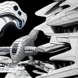 strange flying kaiju creature with stalked eyes and big mounth designed by zaha hadid destroying a space station designed by dr Seuss