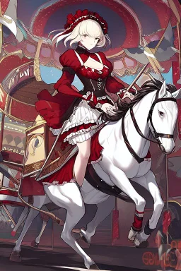 Ragazza vestita in stile Lolita rosso che cavalca un cavallo del Carosello, disegnata in stile Persona 5