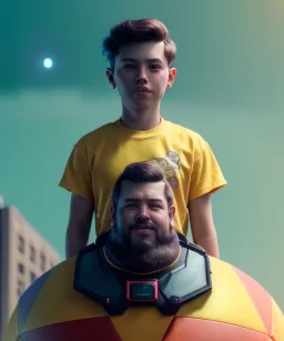 Portrait, cute boy climbed on top of a fat robot, Ultra realistic, retro futuristic style, wide angle view, soft color, highly detailed, unreal engine 5, ray tracing, RTX, lumen lighting, ultra detail, volumetric lighting, 3d, finely drawn, high definition.