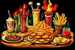 Pizza, sandwich, hamburger, baguette bread, french fries, pizza cheese, soda, and sauce with a dark color theme and barbecue flames.