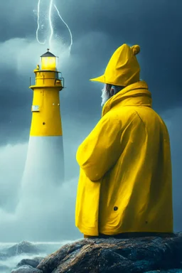 close up on old seafarer smoking pipe, sitting in yellow raincoat on rocks beneath a blurred unreal bright white lighthouse, storm clouds, volumetric fog, lightening, volumetric light,depth of field, fantasy art, 4k, highly detailed, evening