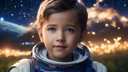 little very young NASA boy, handsome, peaceful, gentle, confident, calm, wise, happy, facing camera, head and shoulders, traditional NASA costume, perfect eyes, exquisite composition, night scene, fireflies, stars, NASA launch landscape, beautiful intricate insanely detailed octane render, 8k artistic photography, photorealistic concept art, soft natural volumetric cinematic perfect light, chiaroscuro, award-winning photograph, masterpiece, Raphael, Caravaggio, Bouguereau, Alma-Tadema