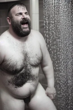 full figure shot photography of 43 years old wet sweat burly chubby very ugly italian plumber smiling under the shower , hands behind the head , manly chest , in white overalls, beard , wet, sweat, curly hairs, tattoo, big tights, photorealistic, Canon EOS, hyper-realistic, very detailed, drunk eyes, natural colours, sunlight, ambient occlusion, the light shines on wet skin