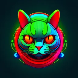 cute cat head with armor in neon style with red, blue and green colours without background and plasma melted circle