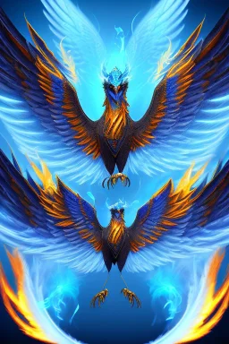 blue phoenix flaming wings, balanced, beautiful, smooth, flying