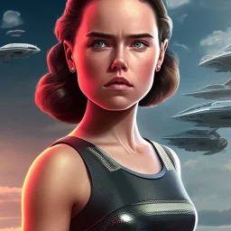 Daisy Ridley, star wars black bikini uniform Empire officer, movie poster, heroic gaze windswept hair, wide angle lens, full torso