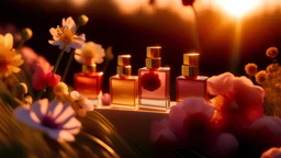 generate me an feature image of mini Perfumes in aesthetic sunset light with flowers