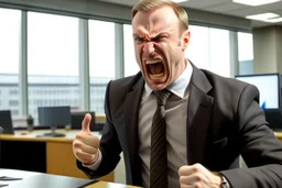 corporate man in office i screaming at employees. Swedish looks. Sign with the text "ICA" in red letters in the background. No tie.