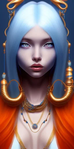 human kingfisher girl with long straight blue hair and orange strand of hair wearing a blue winter coat and a gold necklace