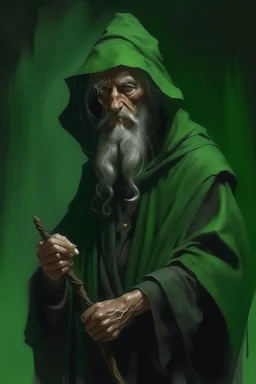 1970's dark fantasy cover dnd style oil painting of an old herbalist hobo like hero using a dark green cloack with sport outfits with minimalist far perspective. Magazine. Duotone.