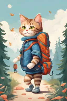 children's illustration of a traveler cat walking with a backpack on his shoulders