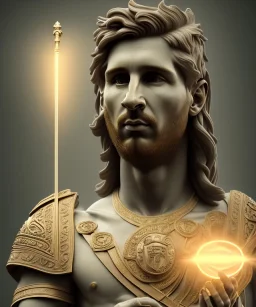 Realistic image, classic sculpture, marble material, Lionel Messi with Laurel wreath model, miguel angel style, God light, god rays, 4k resolution, perfect details, ornate details, soft lighting, unreal engine 5, soft cyan background.