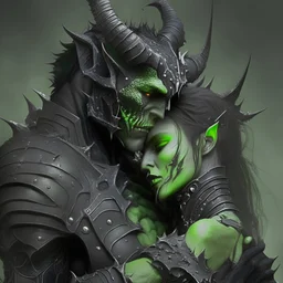 demonio de armadura negra y verde sujetando a una mujer del cuello