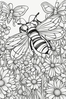 coloring page, bee in the flowers, cartoon style, thick lines, low detail, no shading