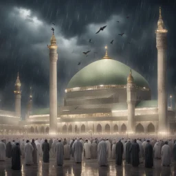 Hyper Realistic lots of people praying outside Masjid-E-Nabwi Madina at beautiful cloudy rainy night with birds flying showing dramatic lighting & cinematic ambiance