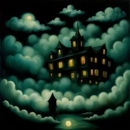 a surreal painting : scary, at night, full of clouds