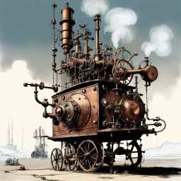 [photo by Ralph Steadman] Behold the fantastical creation of Professor Blockhead, a steam-powered contraption whirring and clicking with fervor. The eccentric inventor gazes upon his invention with theatrical awe, frozen in perpetual amazement. Copper pipes gleam, brass gears sputter, and steam hisses, adding a mystical air to the scene. In the style of Jules Verne, the spectacle captures the essence of boundless imagination and audacious brilliance. The contraption embodies the chaotic energy o