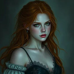 a beautiful fantasy woman, young, ginger hair, troubled, dark fantasy art