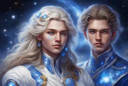 very beautiful man an woman with a galactic and cosmic appearance, realistic face,nobility, courage, with a blue and white cosmic wearing , a perfect, gentle, caring face, dressed in a blue and white jumpsuit and there are also precious stones on their costume, their hair are light brown, . Very realistic painting. Magnificent, furtive, cosmic, magical atmosphere. Realistic picture. HD 8k intense colors