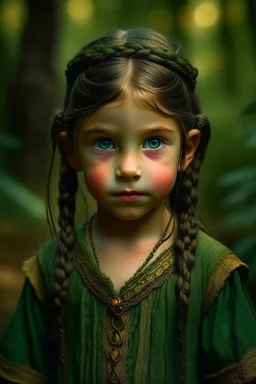 A five years old beautiful Little girl, with elven ears, golden eyes and long black braids, with serene look, dressed in primitive green elven clothing, surrounded by a mystical golden aura, with a background of a primitive elven village in the forest