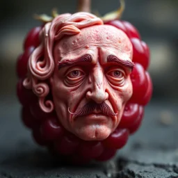 A high-resolution photograph of intricate carving of the face of Edgar Poe into a raspberry, surreal, profound,