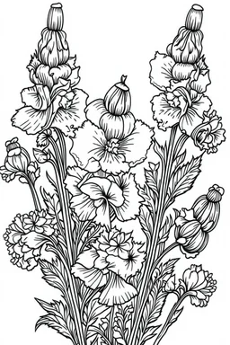 Outline art for coloring page, GARDEN OF SNAPDRAGON FLOWERS, coloring page, white background, Sketch style, only use outline, clean line art, white background, no shadows, no shading, no color, clear