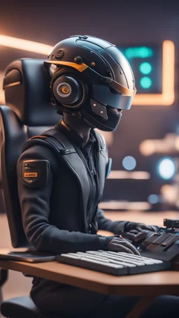 head set helmet rig with chair and with keyboard attached ,bokeh like f/0.8, tilt-shift lens 8k, high detail, smooth render, down-light, unreal engine, prize winning