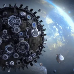 planet made out of gears and clockwork, realistic futuristic, 4 k highly detailed, in space, cyberpunk