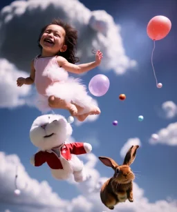 Ultra realistic speed clouds sky scene, wide angle view, childs falling down with many Childs background, rabbit head, circus dress style, feather color, free jumping flying, many trinkets, hair monster, many jelly beans, balls, color smoke, smile, happy, extreme, wind, clouds sea, 20,000 feet altitude, stratosphere, soft color, highly detailed, unreal engine 5, ray tracing, RTX, lumen lighting, ultra detail, volumetric lighting, 3d, finely drawn, high definition, high resolution.