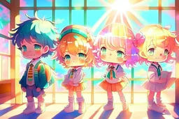 cute chibi holographic girls and boys in the school in sunshine