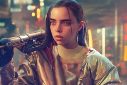 Billie Eilish, on stage with guitar, cyberpunk2077, realistic, not to be distinguished from a photo, identical pupils, photorealistic illustration