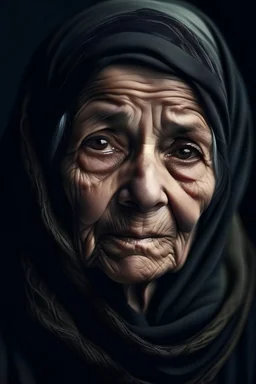 portrait of a 80 year old woman, in hijab , full lips, black long hair, sad, crying, well lightened