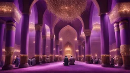 Hyper Realistic Photographic-View of lots of Muslim-Men praying inside a Massively-Huge-Beautifully-Crafted-Purple-&-Maroon Wall-Mosque with detailed-pillars & Garland-Light-Decorations-&-Lamps with dramatic-&-Cinematic-Ambiance at night.