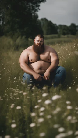 full figure photography, shy muscular big fat chubby, 35mm lens, burly italian man short hair, 25 years old sitting in the meadow with a flower in a hand, near a big farm , red short beard, shirtless, hairy armpits, manly armpits, ugly, manly chest, hairy chest, big shoulders, , huge belly, manly chest, shirtless, with boxer, emotive eyes looking at camera, photorealistic ,sunlight , ambient occlusion, side view, poetic composition, golden ratio