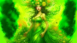 Fantasy digital illustration: a goddess of nature. Her body is covered in lush flora and trees; clusters of flowers adorn her grassy hair similar to a headdress. Her entire body appears to be made of the land itself, with a flowing "dress" made of plants and flora.