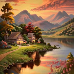 An exquisite oil painting capturing a dreamlike paradise, with a charming little farmhouse nestled by a calm lake. The farmhouse, with its rustic appeal, contrasts against the serene water, surrounded by a lush, verdant forest and rolling hills. The background unfolds into a dramatic landscape, featuring towering mountains and a stunning sunset sky that casts warm, vibrant hues across the scene. The artist's mastery is evident in the seamless blend of traditional oil painting techniques with the