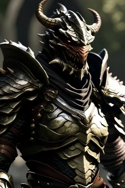a handsome dragonborn in heavy chain armour