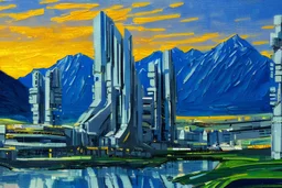 Sunny Day, futuristic buildings near the mountains, sci-fi, tendency to impressionism influence, realistic painting