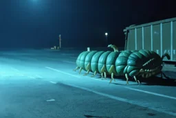 anthropomorphic pumpkin centipede hybrid hiding behind dumpster in a Wal-Mart parking lot at night, horror, dashboard cam, high film grain, low contrast, night vision