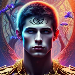 Handsome Male fae, sidhe, ominous,with abs, nature, orchids, dnd character portrait, intricate, oil on canvas, insanely detailed, 16k resolution, retroanime style, perfect eyes, round pupil, cinematic smooth, intricate detail , soft smooth lighting, soft pastel colors, painted Renaissance style