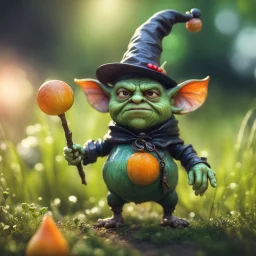 witch pimp snail gremlin t-pose upper body of gnome goblin orc made from tinted murano glass in long grass inspecting a melon ,bokeh like f/0.8, tilt-shift lens 8k, high detail, smooth render, down-light, unreal engine,bokeh like f/0.8, tilt-shift lens 8k, high detail, smooth render, down-light, unreal engine