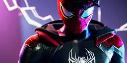 No1st_cr1t1kal, spider man miles morales, full body portrait of black samurai gaspunk, high detail, volumetric lighting, tiny features, intricate detail, volumetric clouds