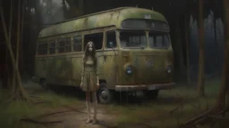 A hauntingly beautiful oil painting depicting a woman standing in front of a bus in the forest, in a post apocalyptic environment, wearing a tattered dress, with a dilapidated appearance